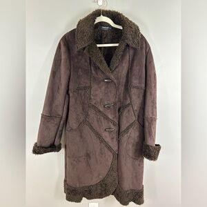 TRIBAL Faux Suede Fur Penny Lane Coat Brown Sz12 Long Patchwork Boho 70s‎